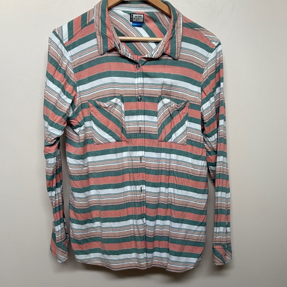 Kavu Striped Button-Down Shirt in Green and Brown